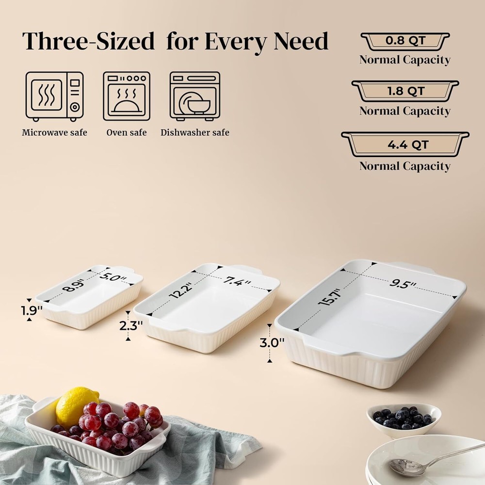 Oven Casserole, Baking Pan Set, Ceramic Bakeware 3-Piece Set