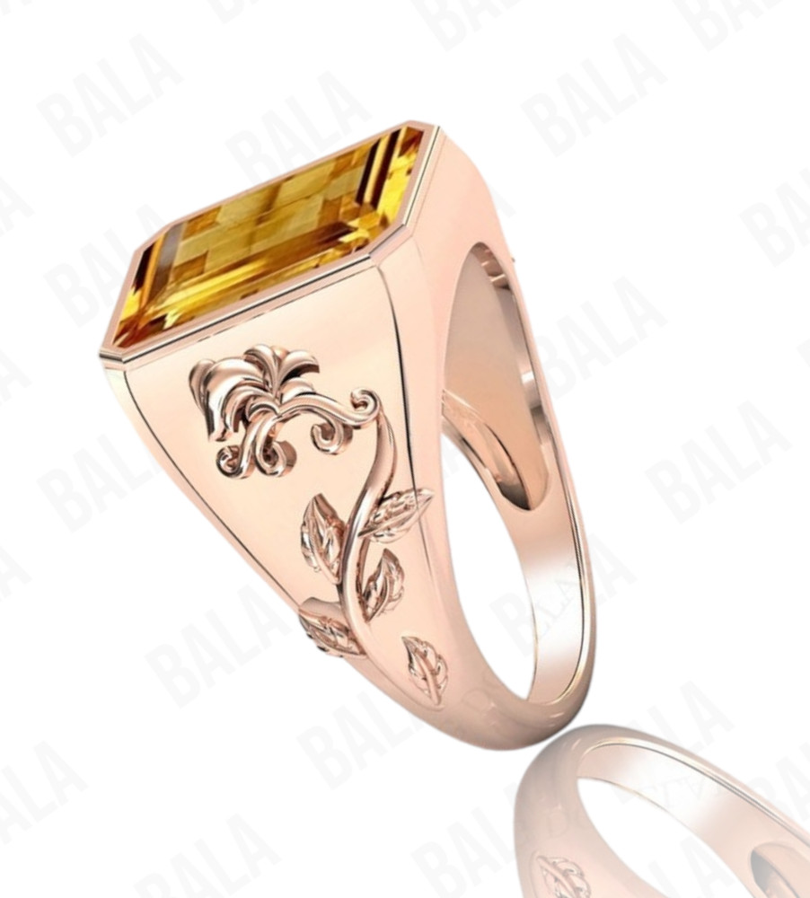 Handmade 925 Sterling Silver Citrine Ring, Rectangular Emerald Cut Yellow Quartz