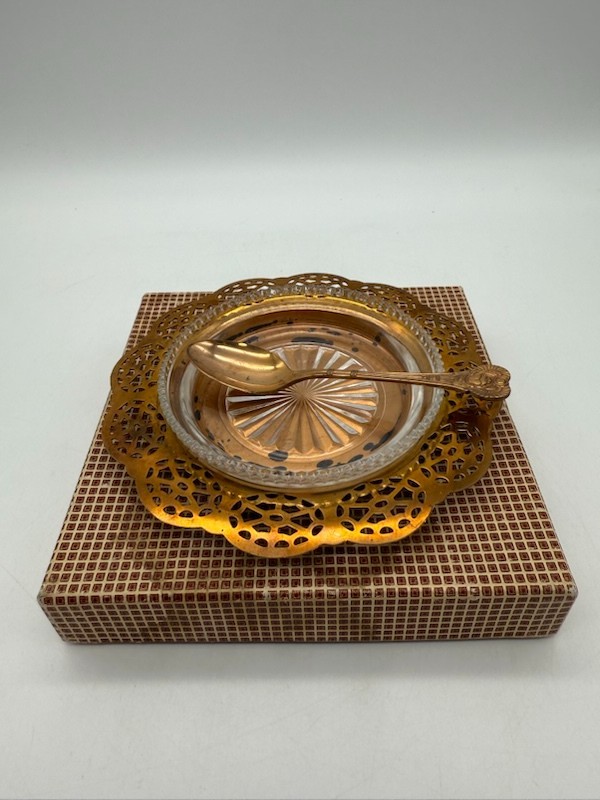 Vintage Wm A Rogers Oneida Ltd. Brass & Glass Jelly Dish with Spoon