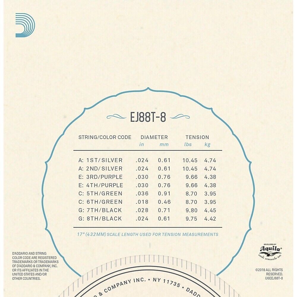 D'Addario Set Tenor Nyltech 8-String Ukulele Strings EJ88T-8