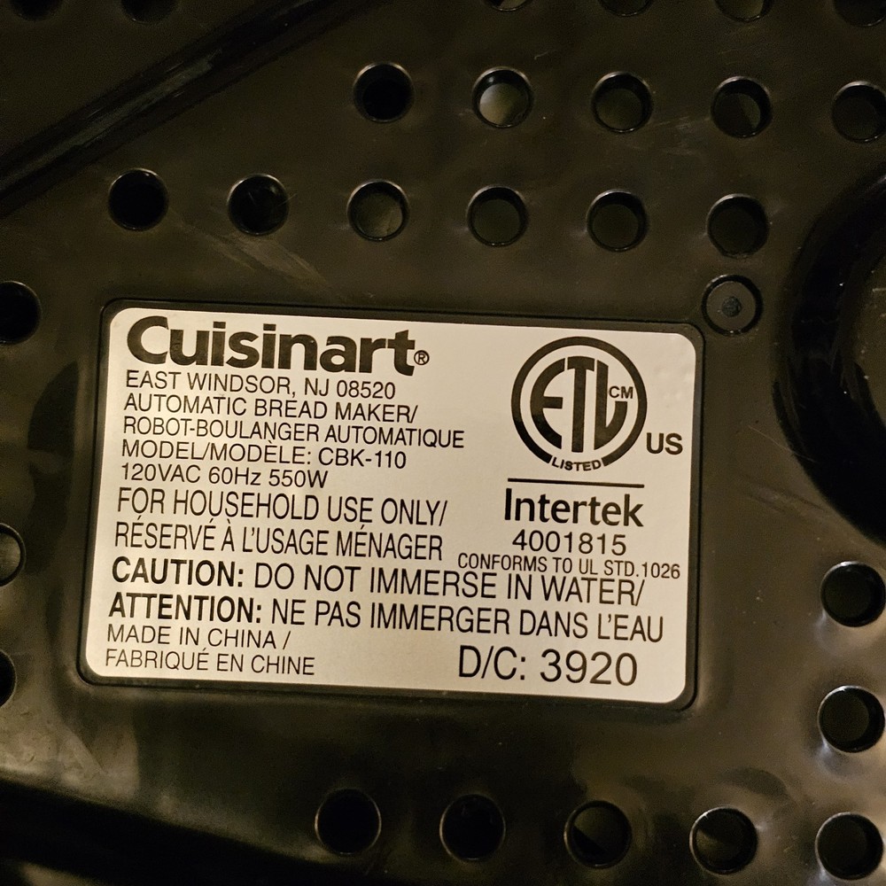 Cuisinart CBK-110 Automatic Bread Maker Stainless Steel Tested Clean Intertek