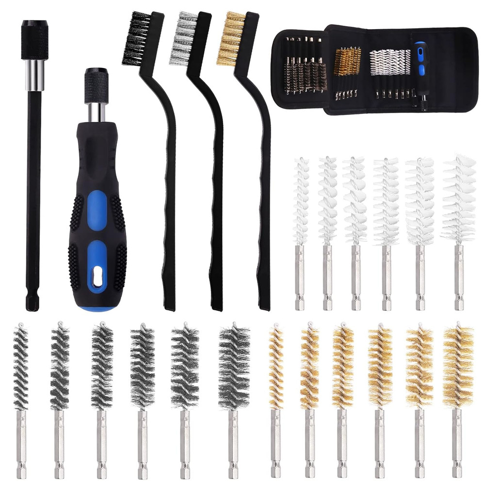 24Pcs 3 Materials 6 Sizes Bore Wire Brush with Wire Scatch Brush Kit, Stainless