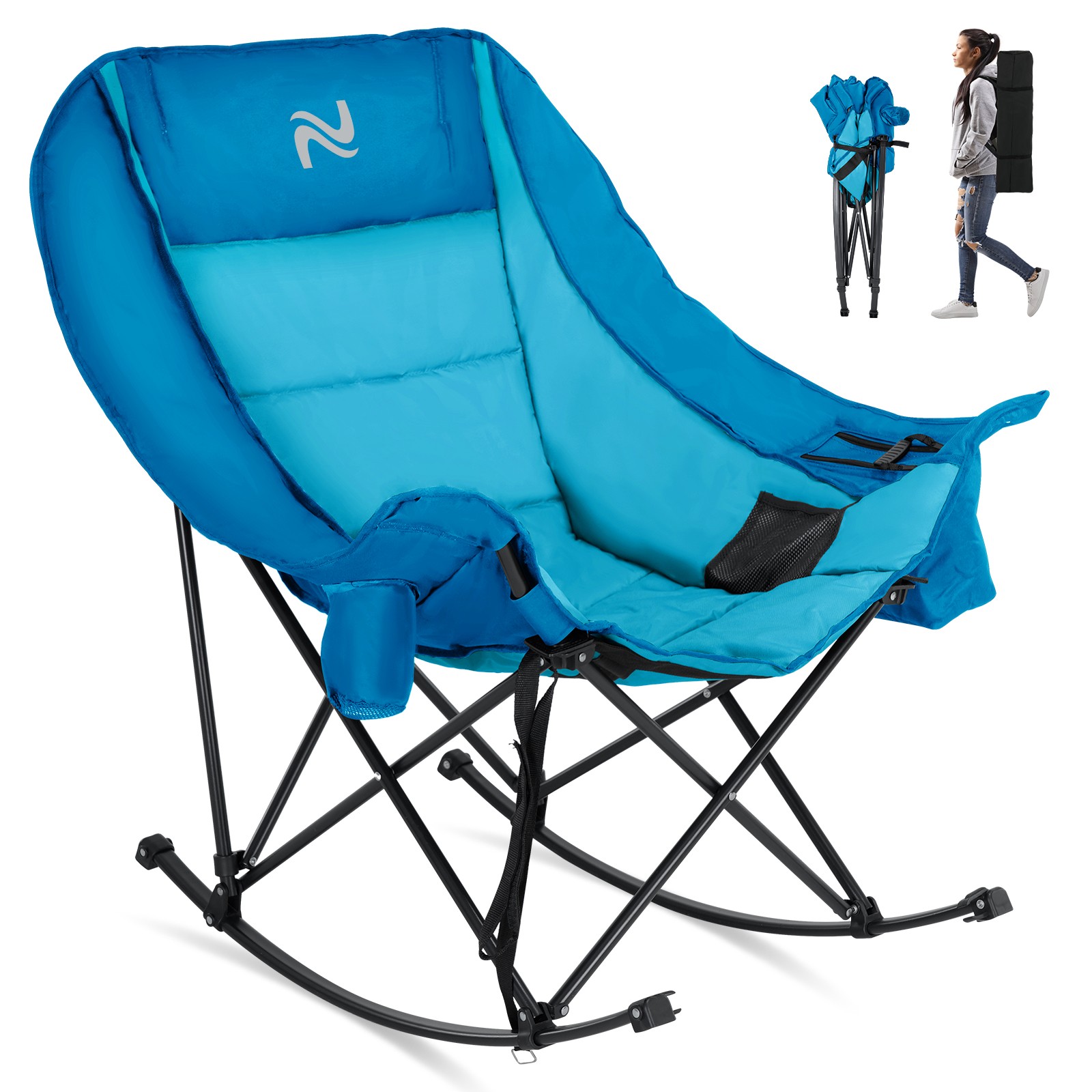 NAIZEA Rocking Chair Outdoor Folding Camping Chair with Cooler Bag Side Pocket