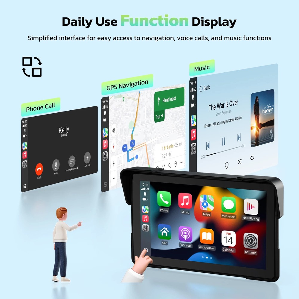 Motorcycle 7" GPS Navigator Wireless CarPlay Android Auto Dual Bluetooth Camera