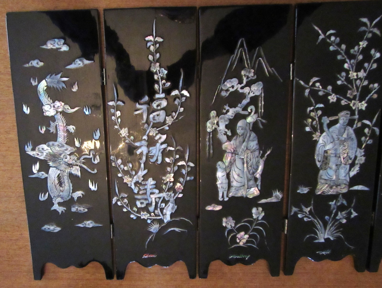 Asian 6 Panel 2 Side Lacquer Wood MOP Abalone Gold Fish Screen Divider 14"x28"