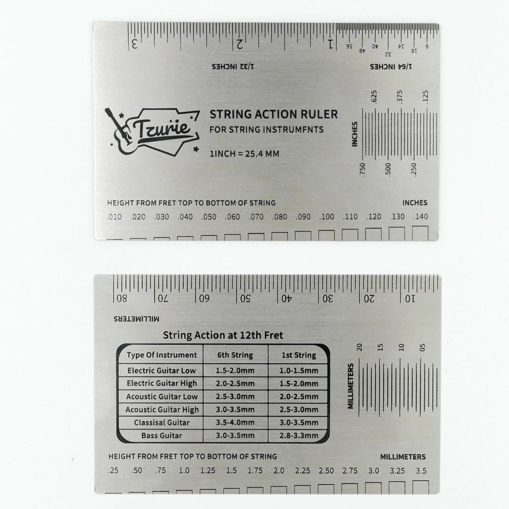 Tzurie Guitar String Action Gauge, Medium, silver ruler with brown case