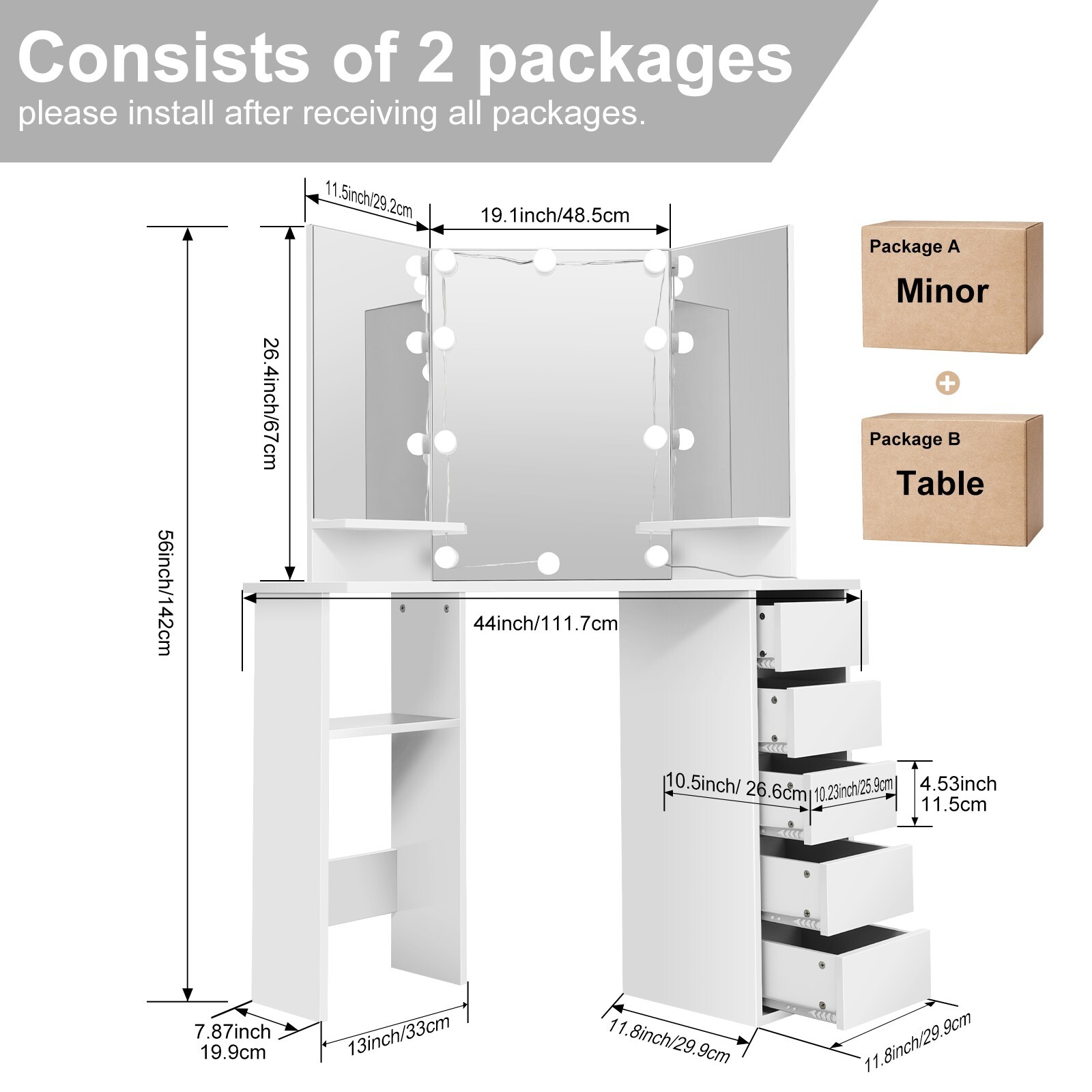 Modern Design Corner Vanity,Lighted Makeup Desk,Bedroom Makeup Table with Lights
