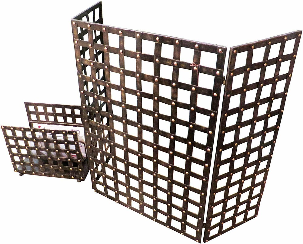 Gothic Old World Iron Nailhead Fireplace Screen Firescreen Lattice