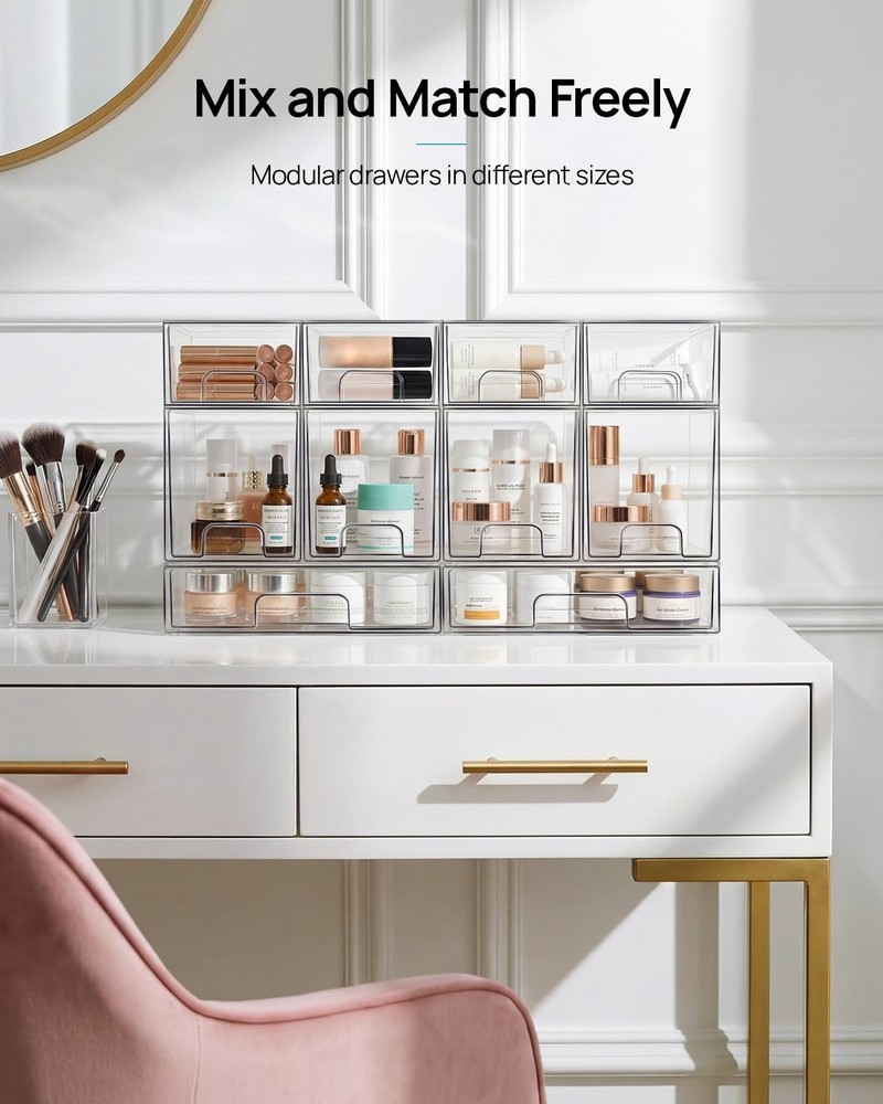 Vtopmart 4 Pack Small Clear Stackable Storage Drawers,Acrylic Bathroom Makeup