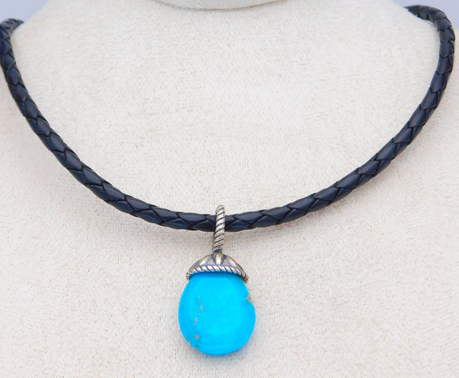 New Carolyn Pollack Sterling Turquoise Pendant and Black Leather Necklace