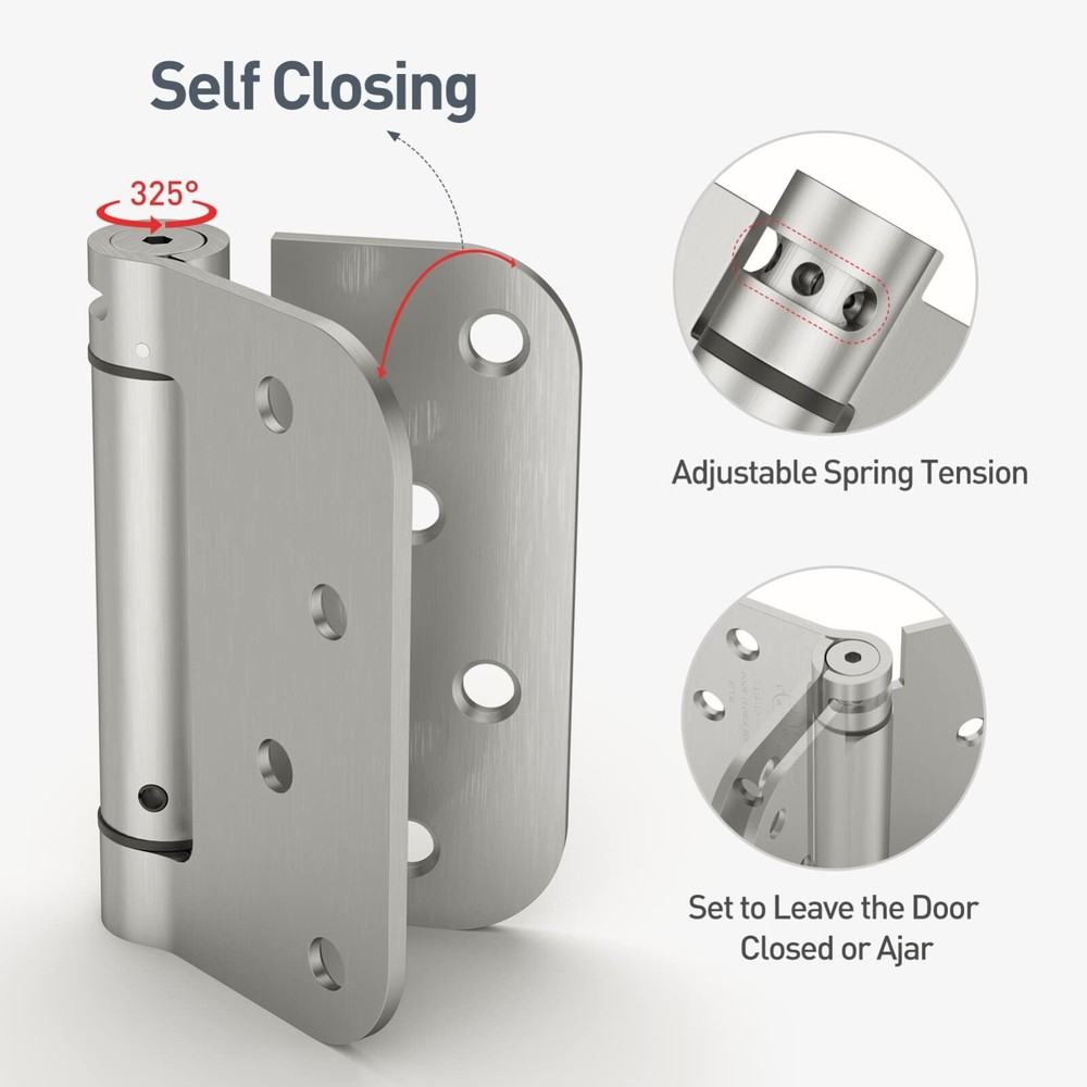 Self Closing Door Hinges, Spring Loaded Hinges 4 Inch, Brushed Nickel, 2 Pack