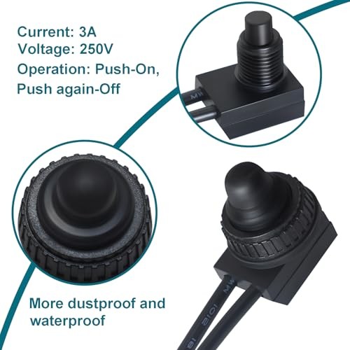 PCS Waterproof Switch 1v, ON/Off SPST Waterproof Push Button Switch 2 Black