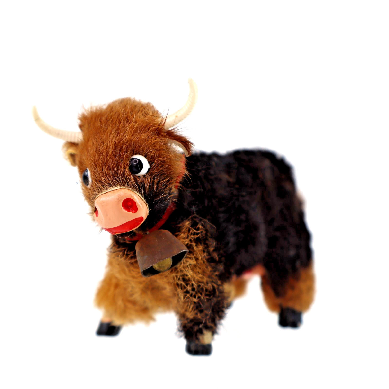 vintage Original Fur Toys miniature Cow Bull figure w/ tags bell W. Germany 3"