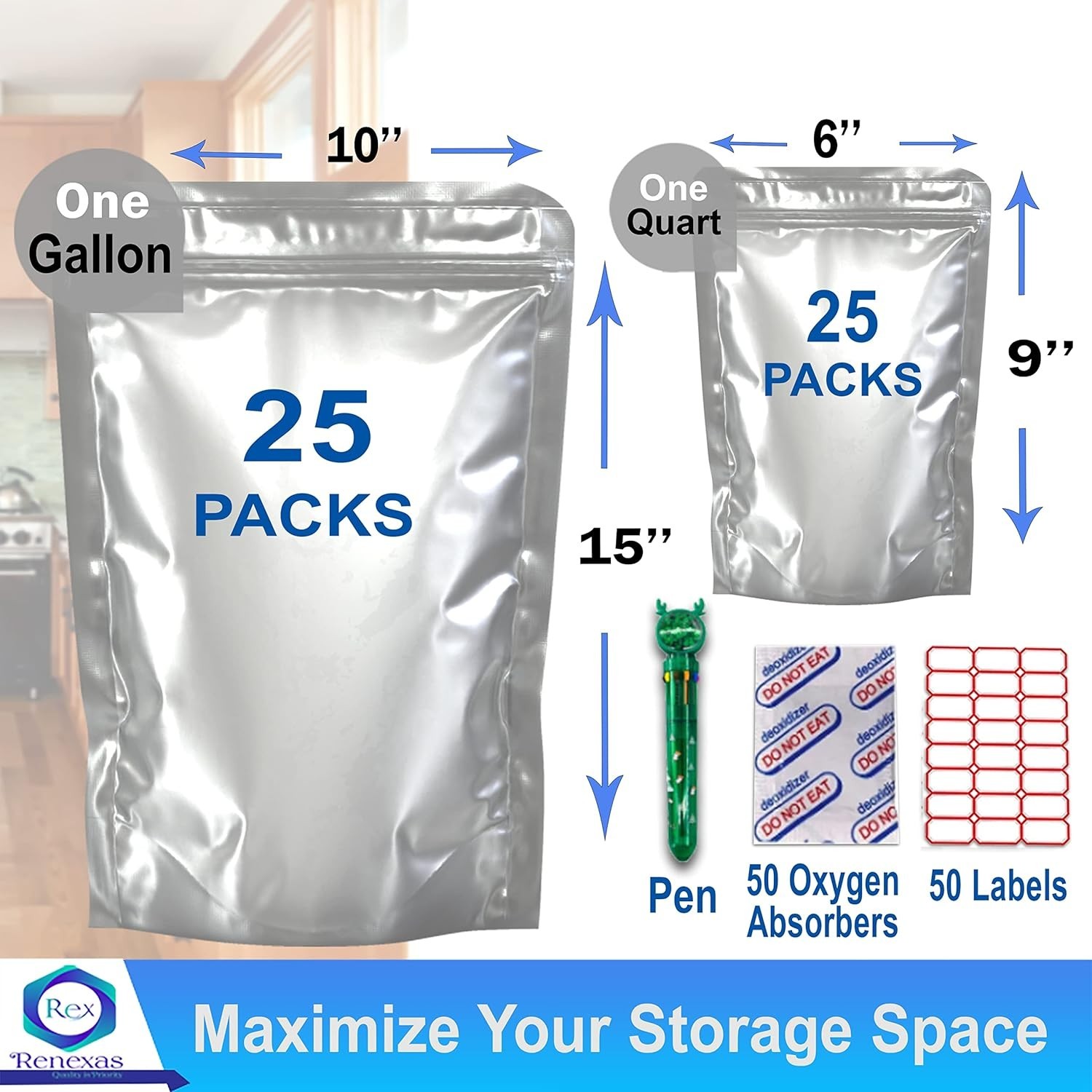 50 Pcs Mylar Bags for Food Storage With Oxygen Absorbers Resealable 9 Mil Silver