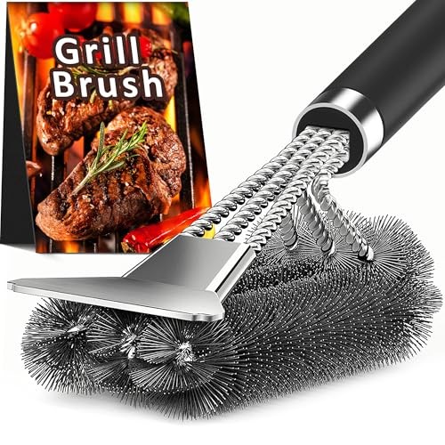 Grill Brush with Scraper, 18" Adjustable Handle BBQ Grill Brush Silver Black