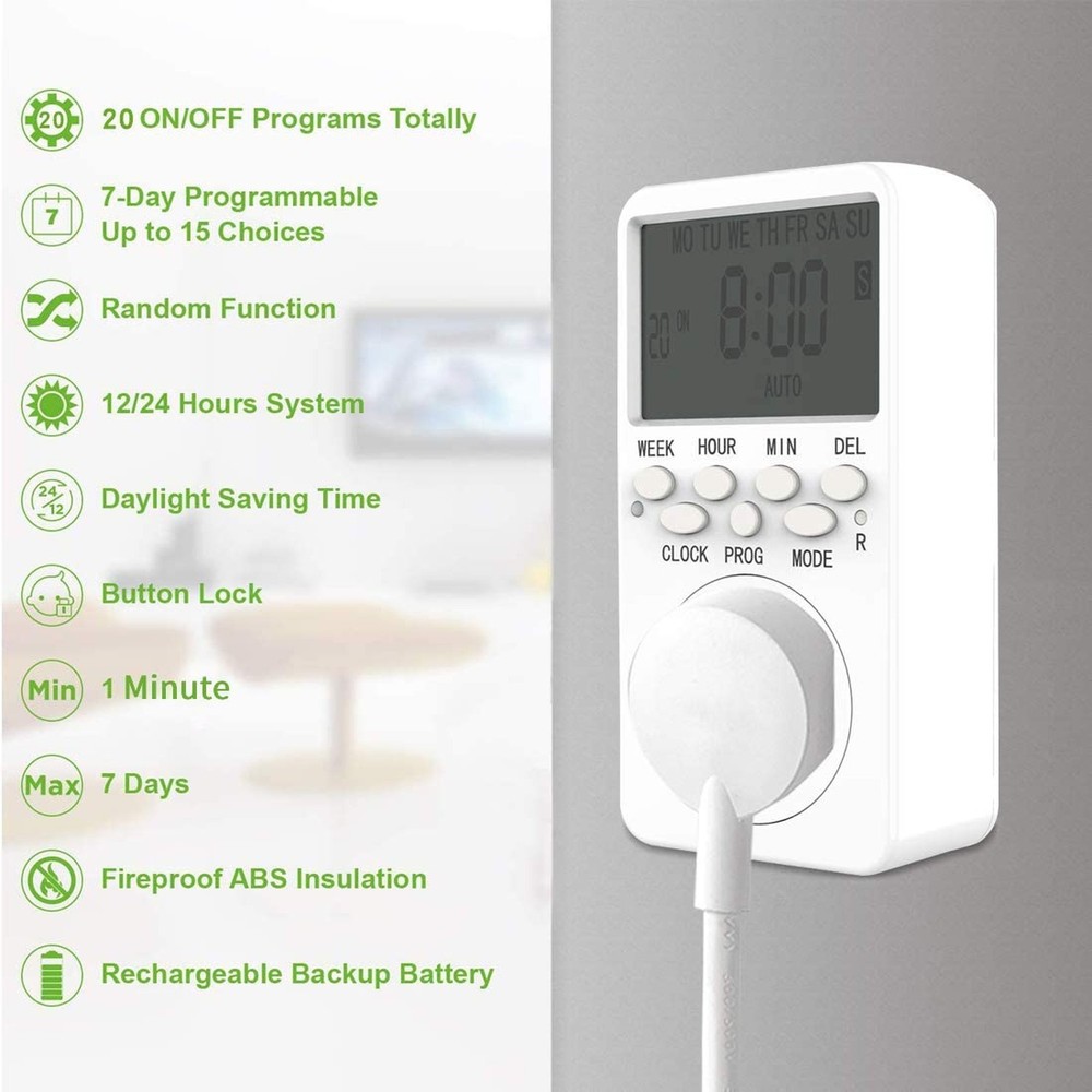 7-Day Programmable Digital Countdown Plug Timer for 110V AC, Energy-Saving In...