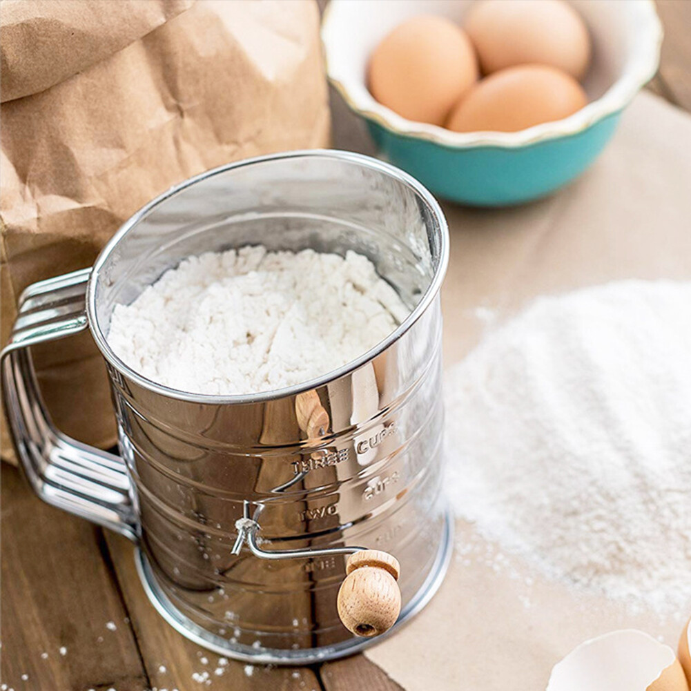 US 1-2 Pc Stainless Steel Flour Sifter Fine Mesh Rotary Hand Crank Wire Agitator