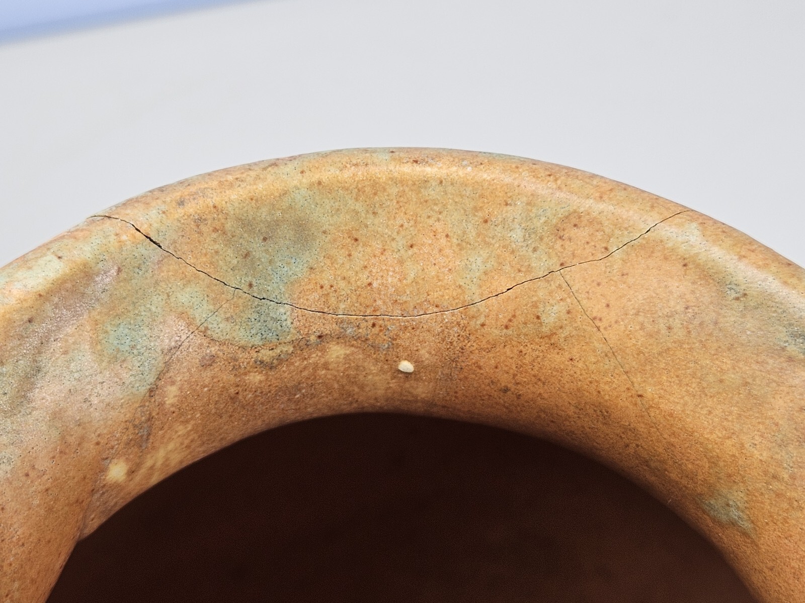 Vintage Burley Winter Art Pottery Wide Mouth Mottled Ceramic Vase 8.5" CRACKED