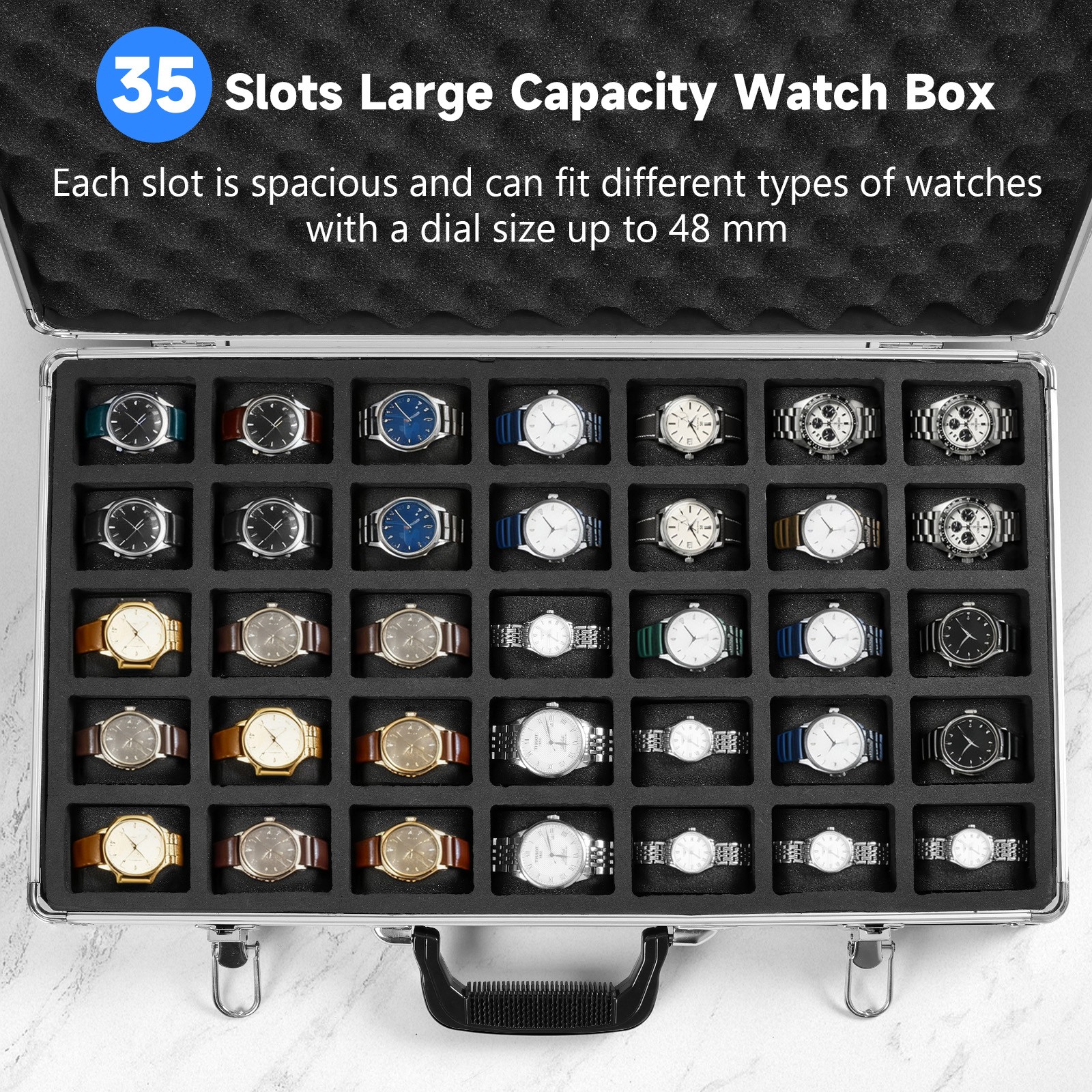 35 Slots Aluminum Watch Display Case Lockable Watch Jewelry Storage Showing Box