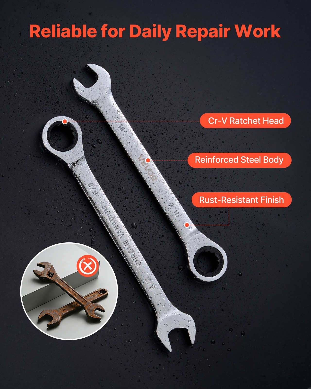 VEVOR Combination Wrench Set Ratcheting Wrench Set 16-Piece SAE Sizes Silver