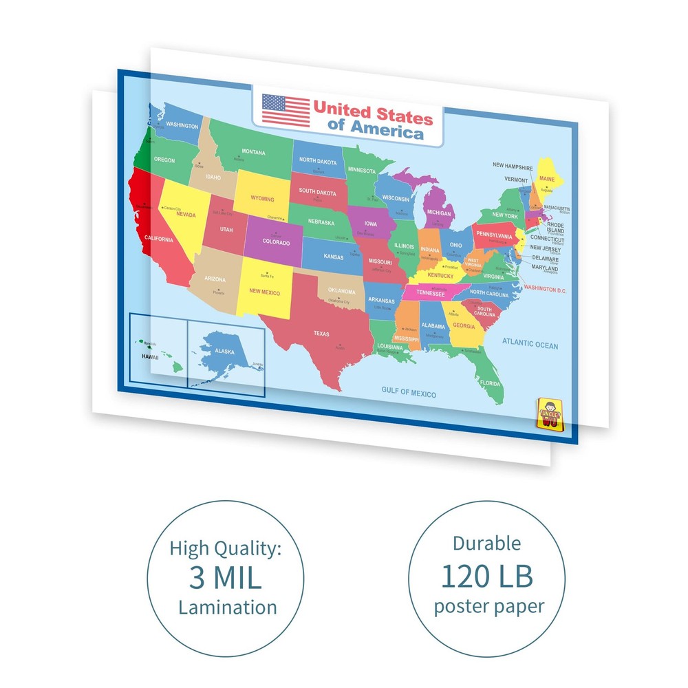 18"x24" Laminated USA Map Double Sided Educational Waterproof