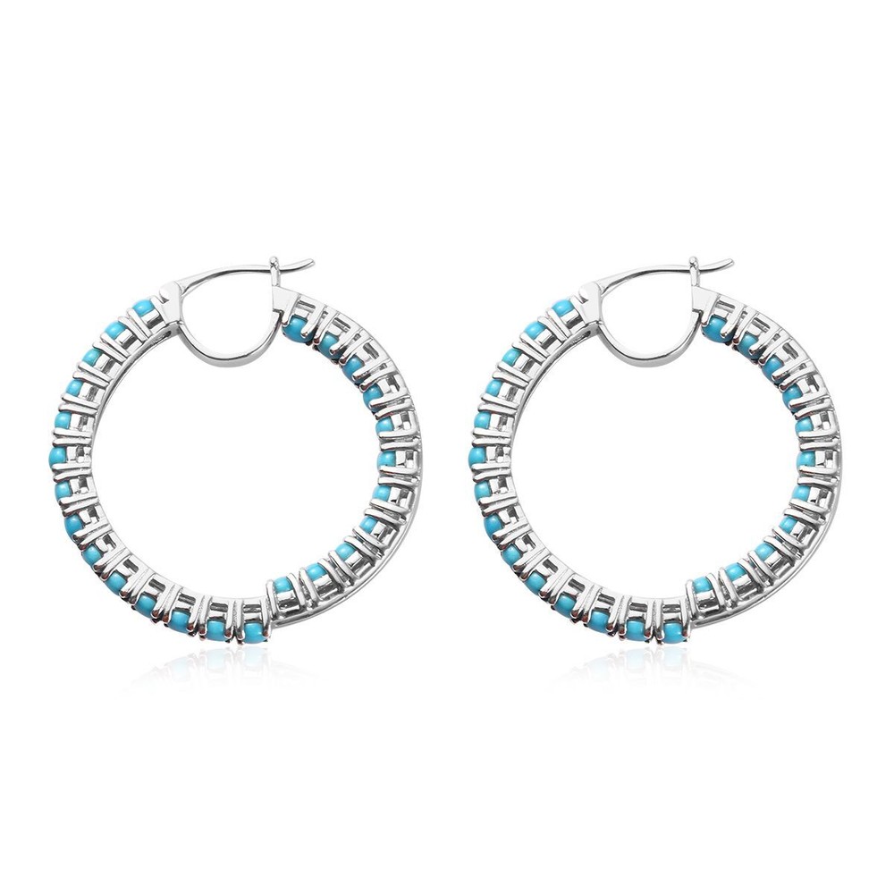 1.00 Ct Turquoise Hoop Earrings Prong Setting 925 Solid Sterling Silver