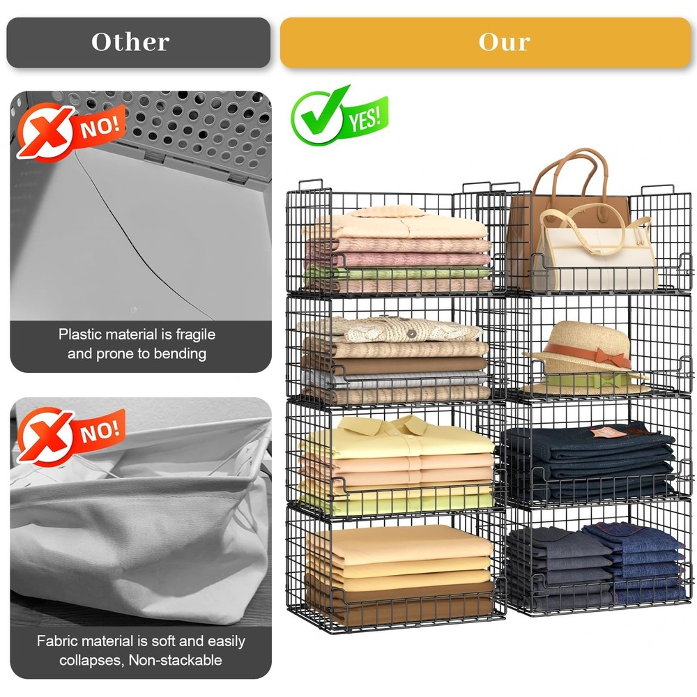 4-Tier Stackable Closet Organizers and Storage Basket - Foldable Closet Shelf...