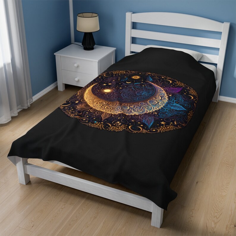 Crescent Moon Electric Mandala Blanket Plush Throw Celestial Art