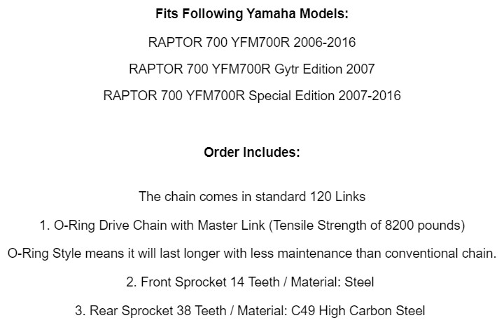 Black O-Ring Drive Chain & Sprockets Kit for Yamaha Raptor 700 YFM700R 2006-16
