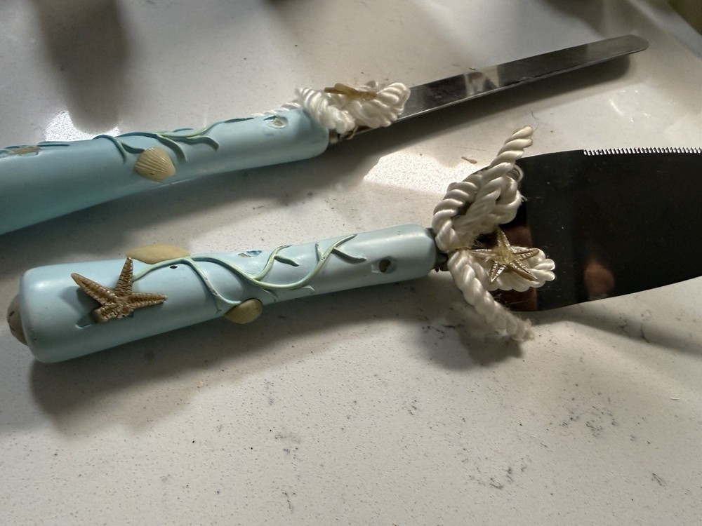Beach Theme Cake Knife & Server Set Starfish Shell Handles Light Blue