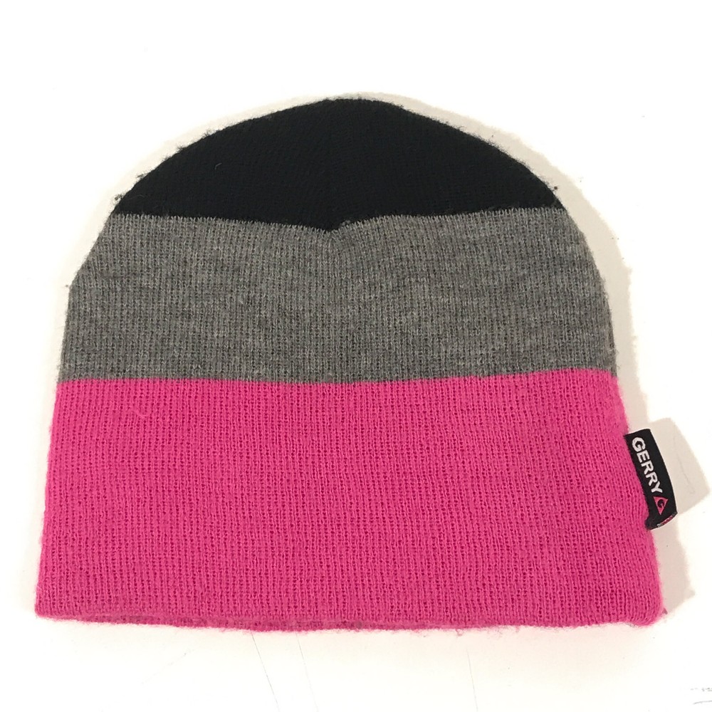 Gerry Winter Hat Beanie Black Gray Pink Stripes