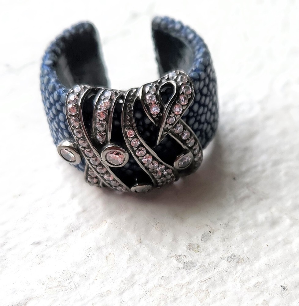 BLUE STINGRAY LEATHER, OXIDIZED STERLING SILVER, WTITE TOPAZ Adjustable Ring