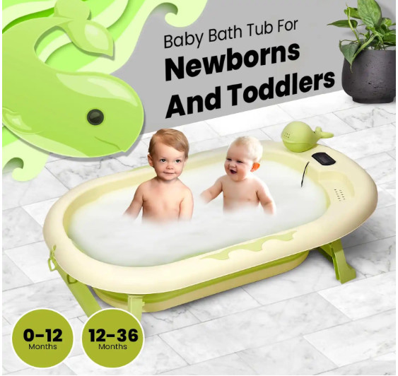 Collapsible Baby Bathtub with Thermometer - Infant Bathtub with Drainage Hole