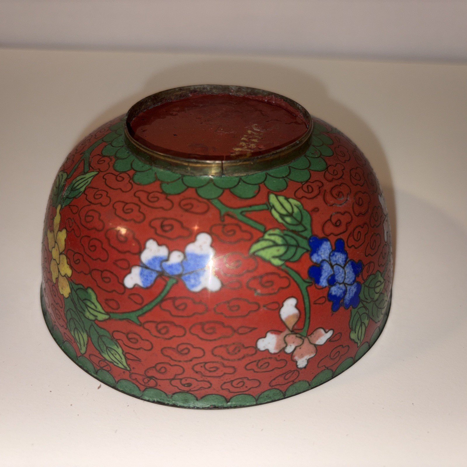 Vintage Cloisonné Enamel Bowl Maroon/green/blue China 4.5” Flowers