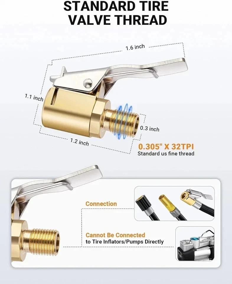 1-Pack Brass Tire Air Chuck, Locking Quick Connect Inflator Hose Adapter, No Lea