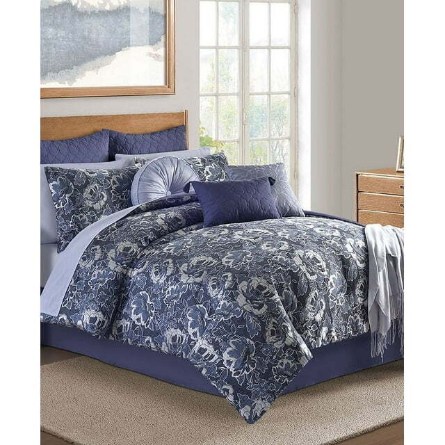 Sunham Hendel Indigo Queen Comforter Set Bedding 14 pc super set