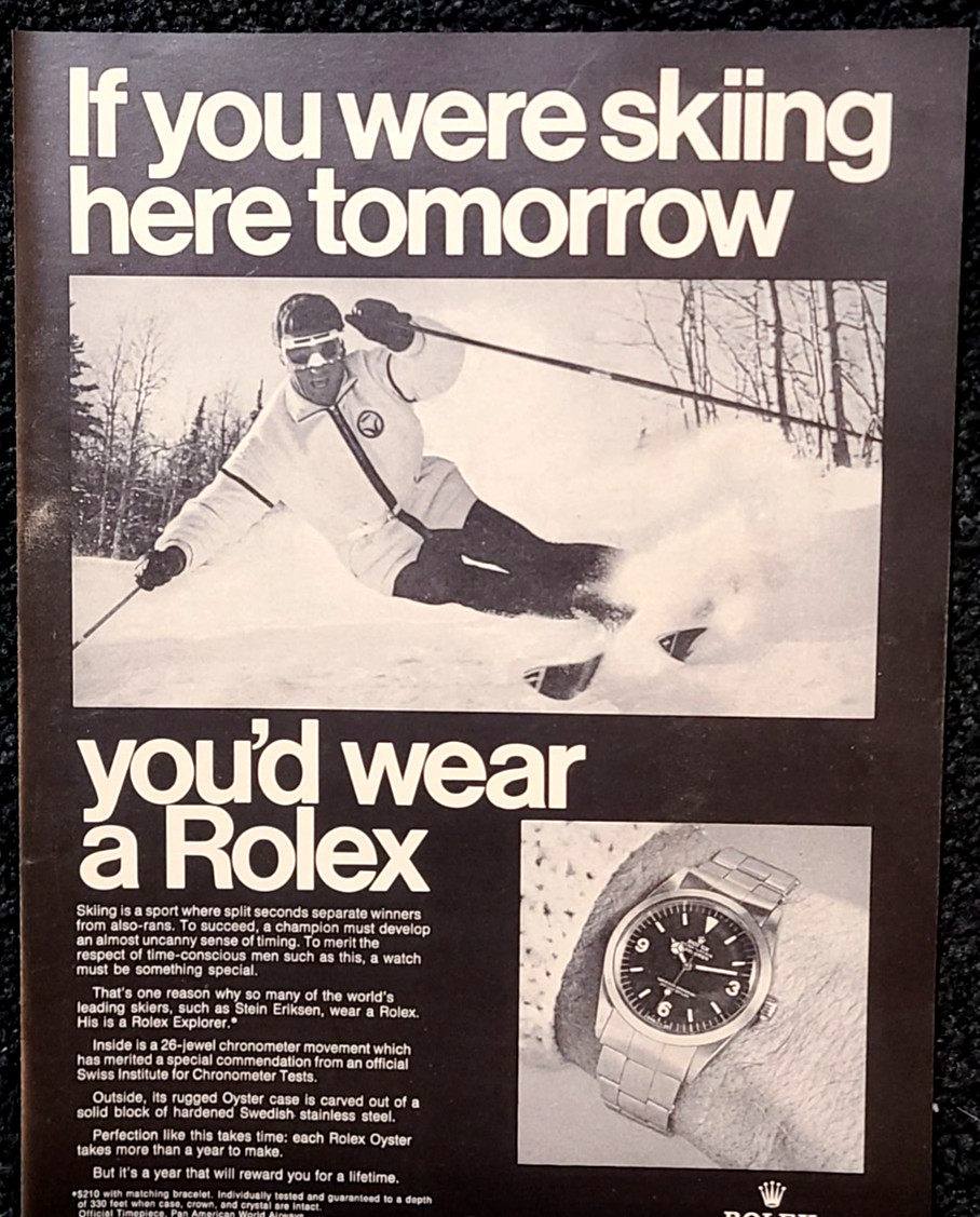Rolex Explorer Original 1969 Vintage Print Ad Wall Art Skiing