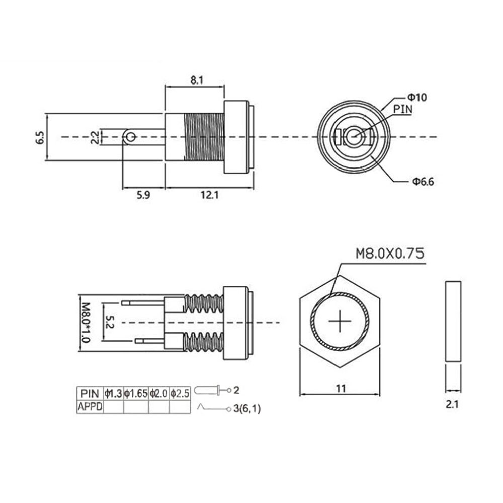 5.5mm x 2.1/2.5mm Round Chassis Female Panel Mount Socket DC Connector Jack Plug