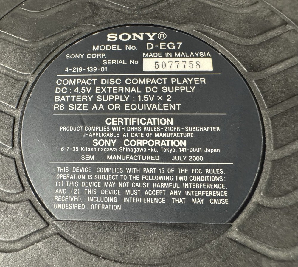 Sony Discman D-EG7 Portable CD Player ESP2 Compact Disc Tested Working