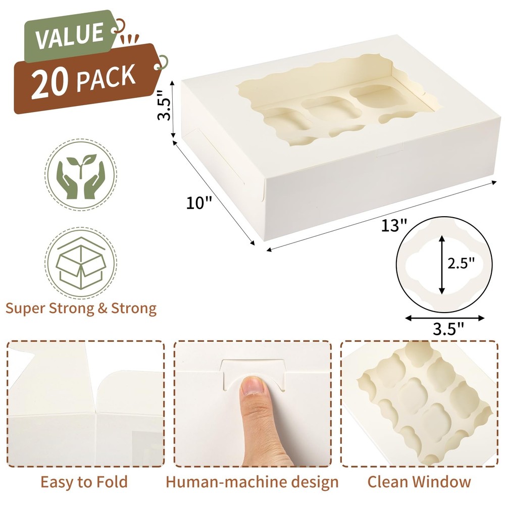 20 PCS 13x10x3.5 Inch White 12 Count Cupcake Bakery Boxes Window Inserts