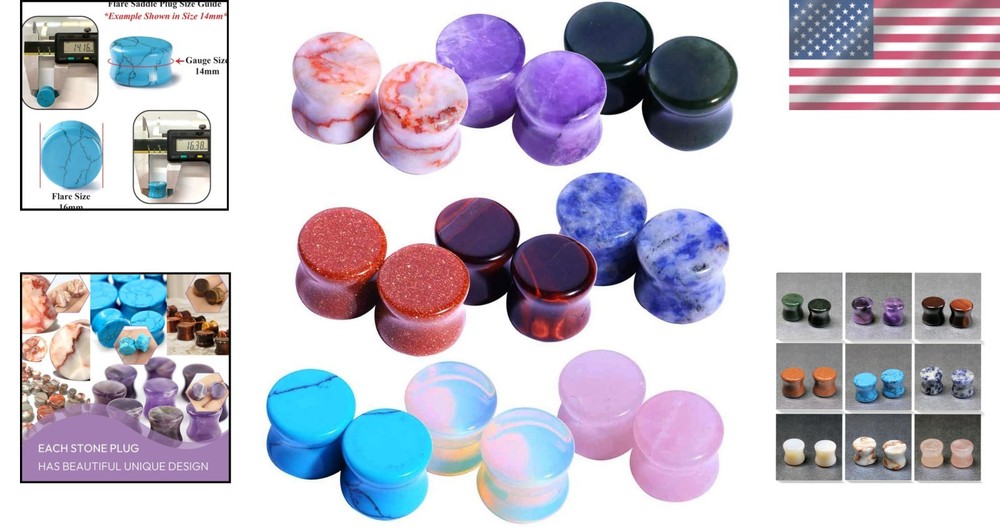 18PC Natural Stone Plugs Set - Ear Stretching Kit