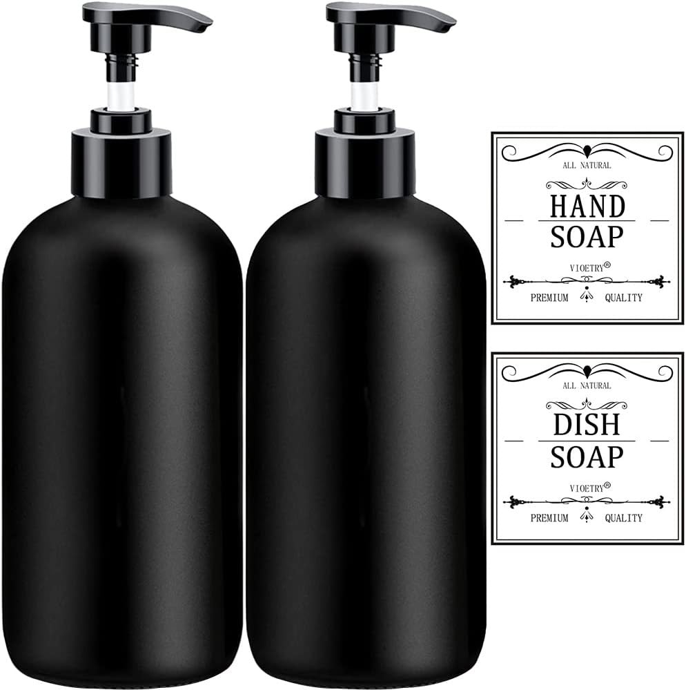 Black Soap Dispenser W/ Rust Proof Pump Waterproof Labels 2 Pack,16 Oz Plastic