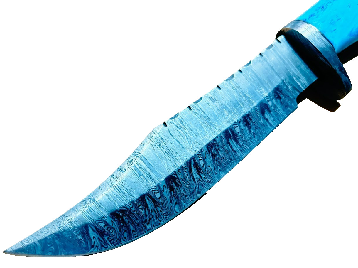 Blue Stag Bone Handle Damascus Fixed Blade Knife, Custom Made