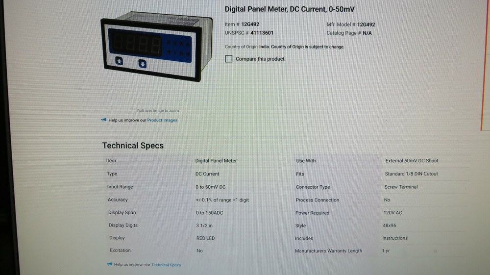 GRAINGER APPROVED DIGITAL METER,DC CURRENT,0-50mV, 12G492