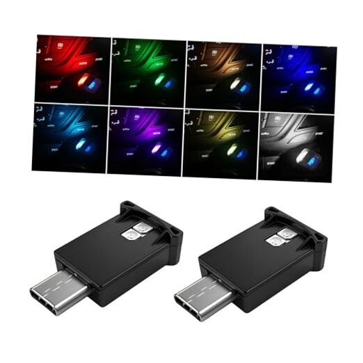 2 PCS USB Type C LED Ambient Light, 8 Colors RGB LED Car Atmosphere Lamp