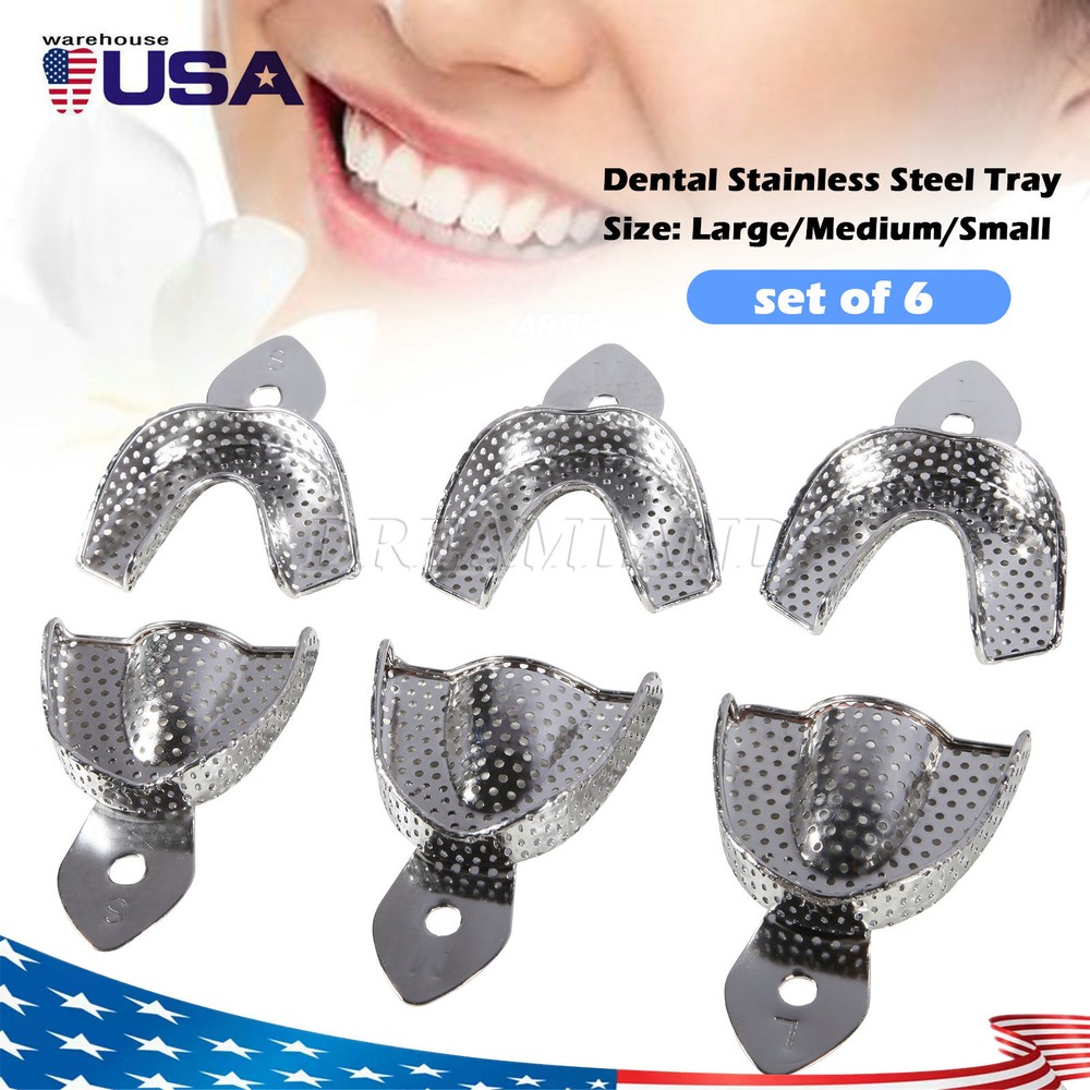 6Pc Dental Impression Trays Metal Perforated Denture Upper+Lower