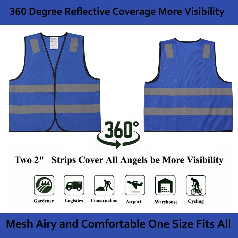 Blue Safety Vests 10 Pack - Reflective High Visibility Construction ANSI Class 2
