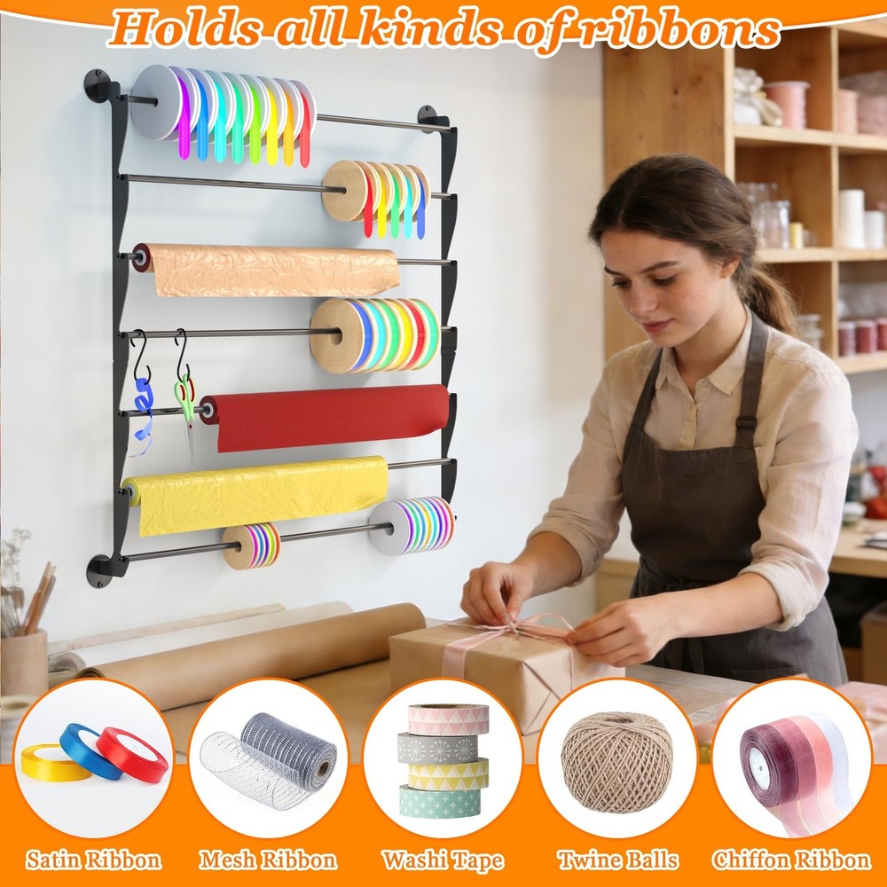 Ribbon Organizer, Wall Mounted Ribbon Holder Storage Rack with Activity Hooks...