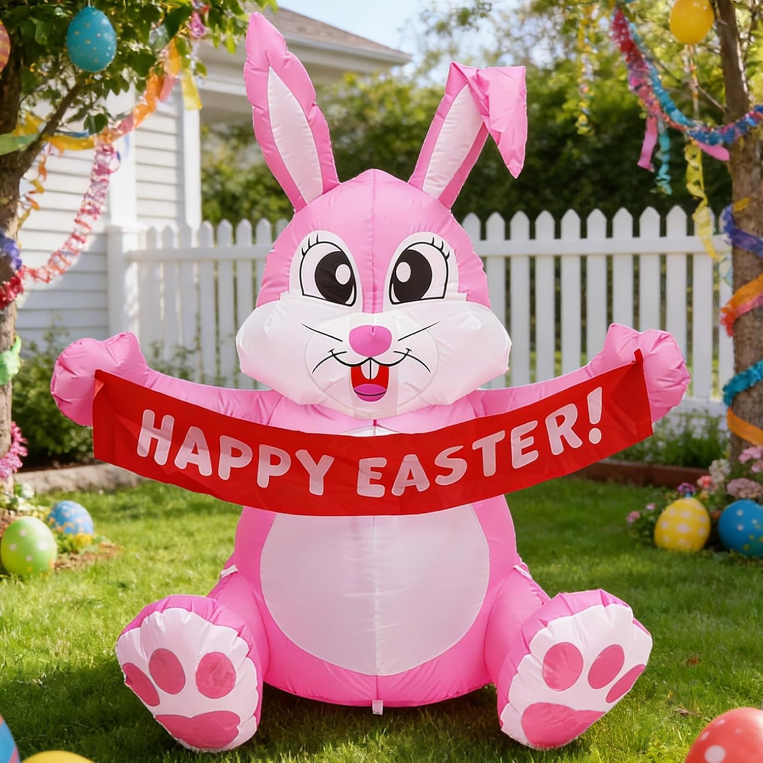 5 FT Easter Pink Bunny Inflatable Lighted Yard Decorations LED Blow up Rabbit