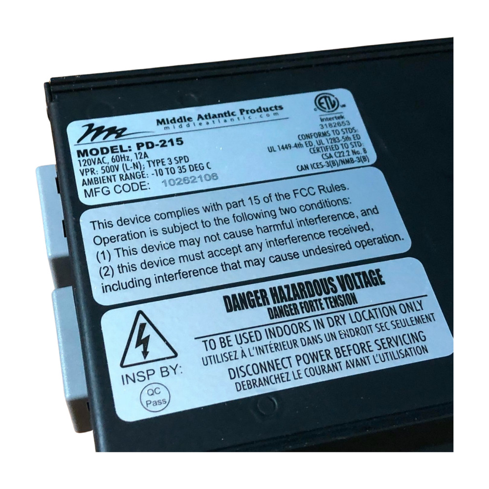 Middle Atlantic PD-215 COMPACT SURGE DEVICE, 2 OUTLET With Power Cable